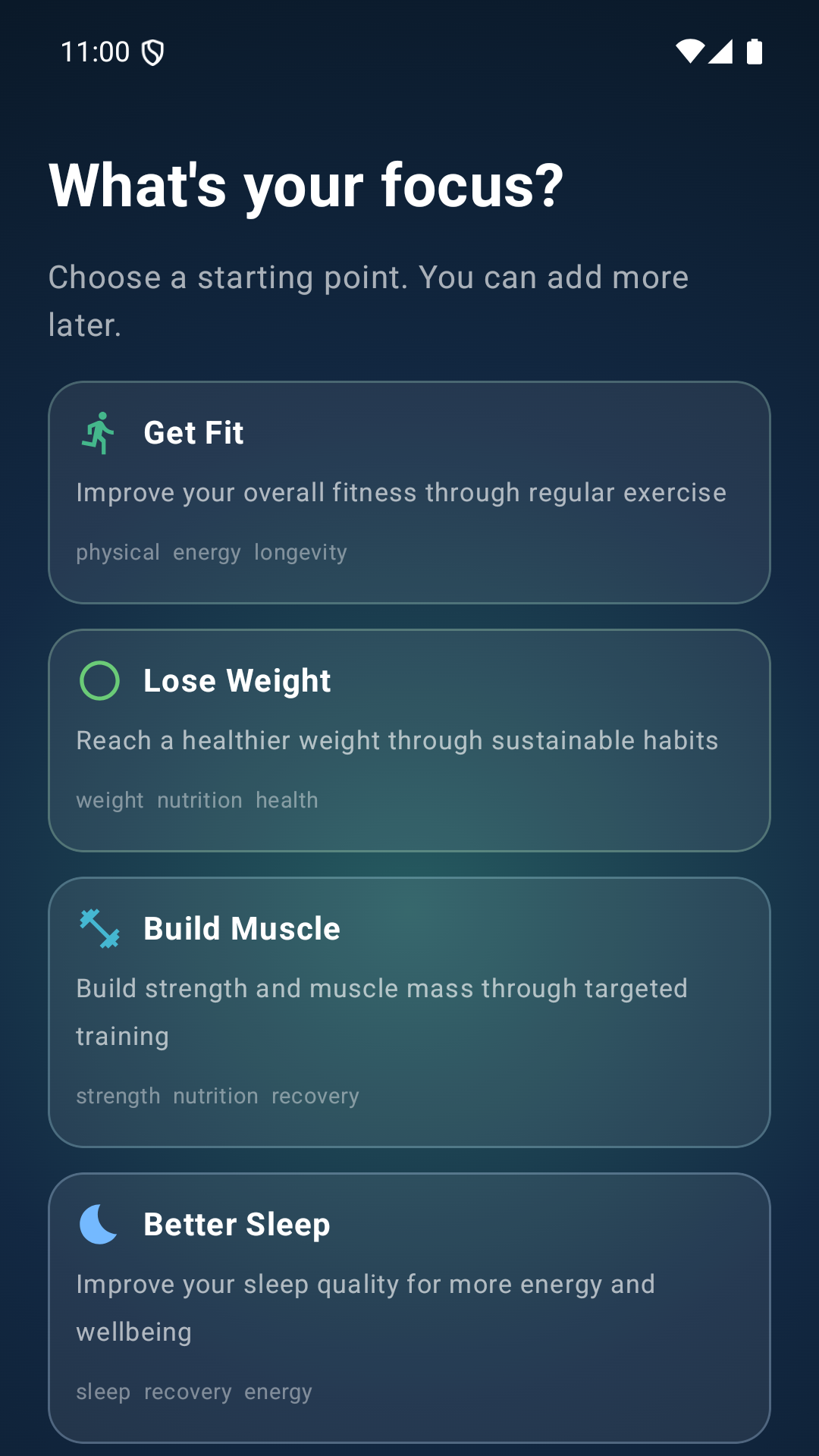 Goal catalog during onboarding